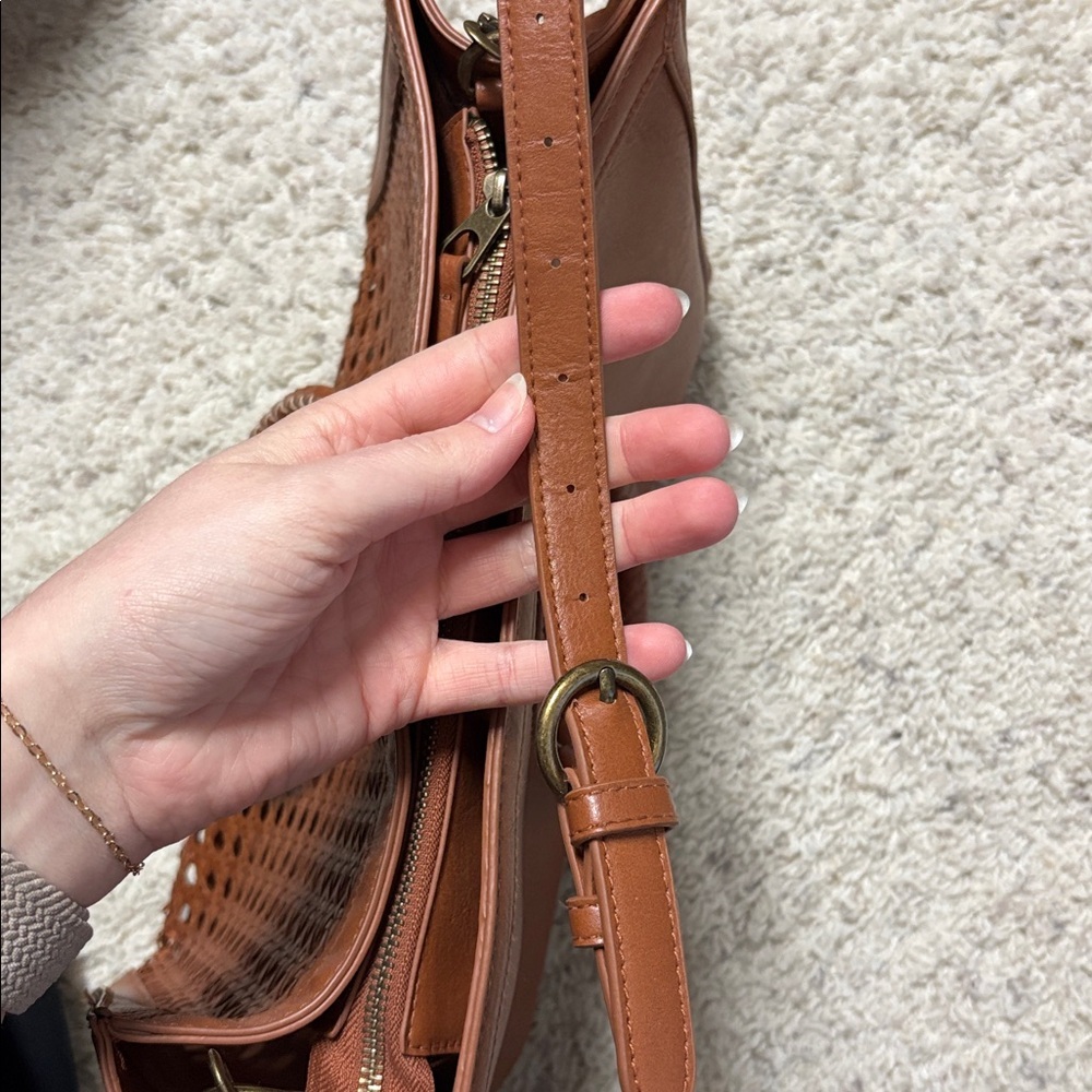 Brown Woven Leather Handbag Convertible Ring Handle Purse Boho - Picture 6 of 6
